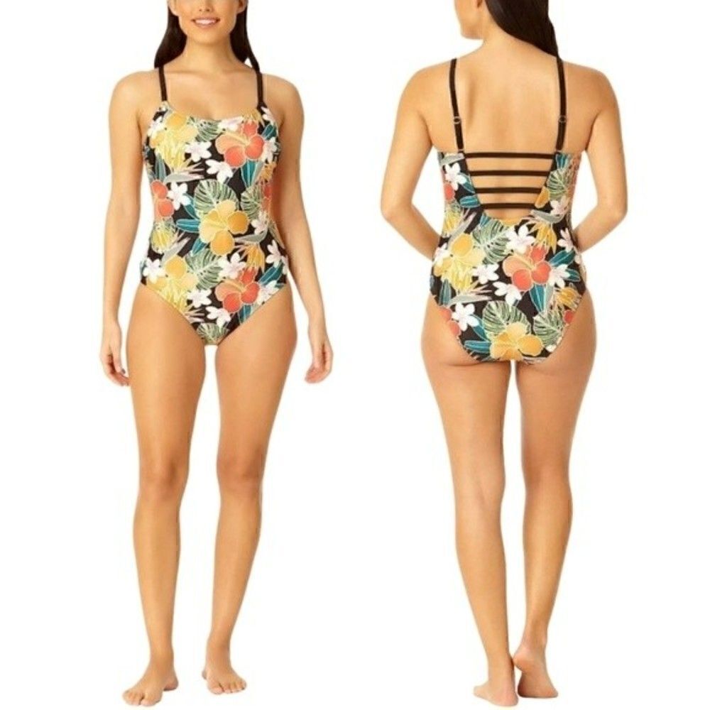 New! Hurley Tropical Hibiscus Floral Bohemian Strappy Back One Piece Swimsuit